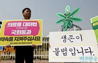 지방 희귀질환 환자들의 치료권에 제동이 걸렸다. 지난 2018년 의료용대마합법화운동본부 회원들이 의료용 대마법 국회통과 촉구 기자회견을 하는 모습. 사진=고성준 기자