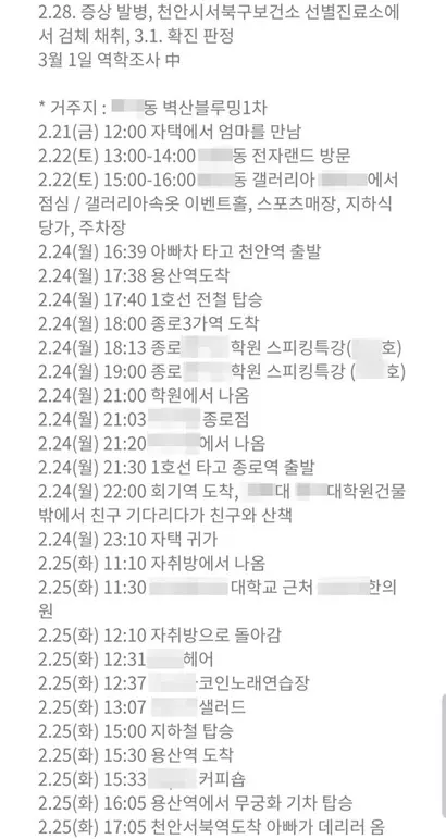 3월 1일 천안 확진자의 서울 이동 경로. 사진=커뮤니티 캡처