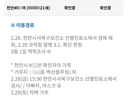 천안 확진자의 이동 경로가 대부분 삭제되고 간략한 내용으로 대체됐다. 천안시청은 “질병관리본부의 지침에 따라 증상 발현 하루 전부터의 동선을 공개한다. 또 역학조사관 등 인력이 매우 부족한 실정이라 모든 동선을 추적할 수 없다”고 설명했다. 사진=천안시청 캡처
