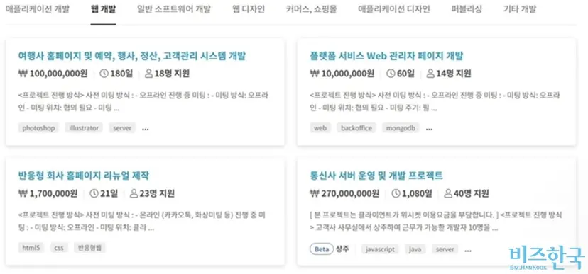기업은 내부 인력으로 추진이 힘든 IT 프로젝트나 디자인 업무를 플랫폼 업체에 의뢰하는 경우가 많은데 이 수요는 코로나 사태와 상관없이 꾸준하다는 게 업계의 전언이다. 사진=위시켓 홈페이지 캡처