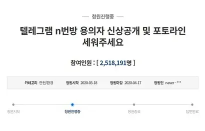 텔레그램 n번방 용의자 신상을 공개해달라는 청원에 250만 명 이상이 동의했다. 사진=청와대 청원게시판 캡처