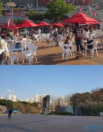 FC 서울 홈경기 당일 서울월드컵경기장 북측 광장(위)과 9일 한산한 북측 광장(아래). 같은 장소라는 게 믿기 힘들 정도로 차이가 크다. 사진=박찬웅 기자