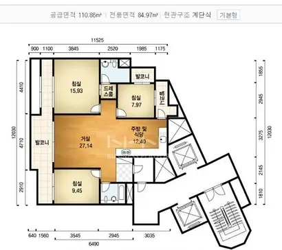 잠실트리지움 아파트 110㎡B​ 평면도. 사진=네이버부동산