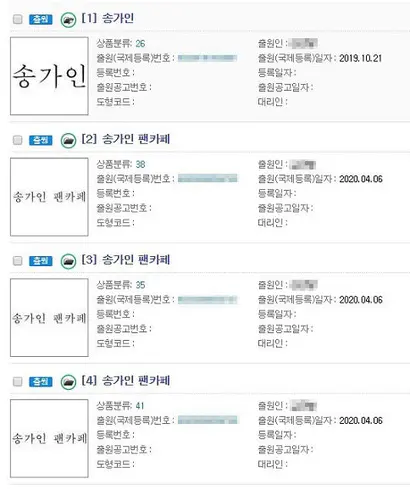 송가인 씨 본인과 소속사가 아닌 제3자가 출원한 ‘송가인’ 관련 상표. 전문가들은 분쟁 발생 위험이 높다고 지적한다. 사진=특허정보 검색서비스 키프리스