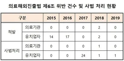 의료해외진출법 제6조 위반 건수 및 사법 처리 현황. 복지부 관계자는 “2015, 2016년에는 현행법 제정 전인 까닭에 적발 사례나 처벌 건수가 오히려 많았다. 2016년 6월부터 의료해외진출법이 마련되면서 불법행위에 대한 제재가 강화돼 2017년부터 처벌 건수가 줄어든 것”이라고 설명했다. 자료=보건복지부