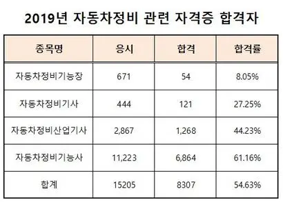 2019년 자동차 정비 관련 4개 자격증의 합격자 수는 총 8307명이다. 2019년 말 전기차 보급량이 9만 대 수준이었던 점을 고려했을 때 앞으로 합격자 1명당 책임져야 할 전기차는 10대 이상이라는 계산이 나온다. 자료=한국산업인력공단
