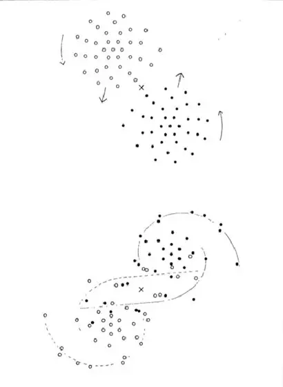 홈버그가 직접 전구들을 이동시키면서 구현한 은하들의 충돌 과정 결과. 각 점이 전구다. 은하들이 서로의 중력에 의해 나선팔을 만들어낸다는 결론을 얻었다. 이미지=https://bit.ly/319XigV