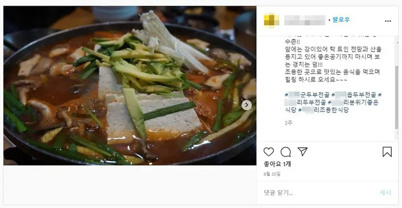 광고 계약 후 업체가 올린 SNS 게시글. 인스타그램에 게시글이 올라간지 한 달 가까이 됐지만 ‘좋아요’가 1개 뿐이다. 사진=제보자 제공