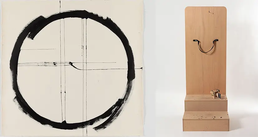Painting Perfection_ Trial 2 
페인팅: 150×150cm Acrylic on Paper 2020, 조각(툴): H177.8×W76.2×D87.9cm Handmade wooden brush holder, Handmade wooden body holder 2013