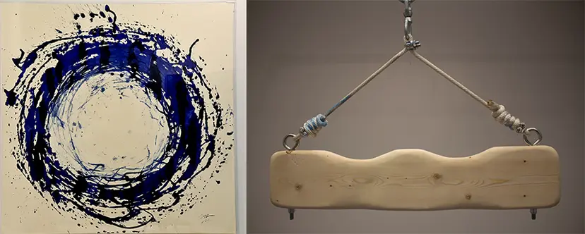 Painting Perfection_ Trial 3 
페인팅: 150×150cm Acrylic on Paper 2020, 조각(툴): H14×W66×D3.8cm / H10×W124.5×D25.4cm / H223.5×W267.2×D210.8cm Handmade wooden leg holder, Handmade wooden hand holder, Metal tube structure, 2015