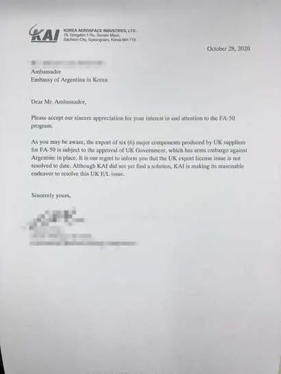 지난달 30일 아르헨티나 국방장관 아구스틴 로시(Agustin Rossi)가 개인 트위터에 공개한 한국항공우주산업의 공문. 사진=트위터 캡처