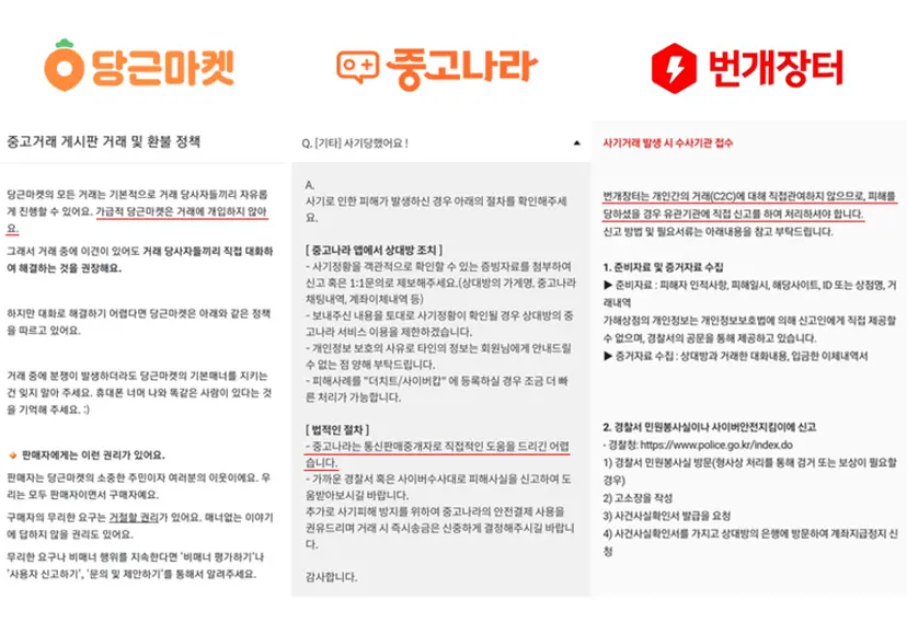 당근마켓, 중고나라, 번개장터 3사의 사기거래 대처 방안 안내. ‘거래에 개입하지 않음’​을 명시하고 있다. 그래픽=김상연 기자