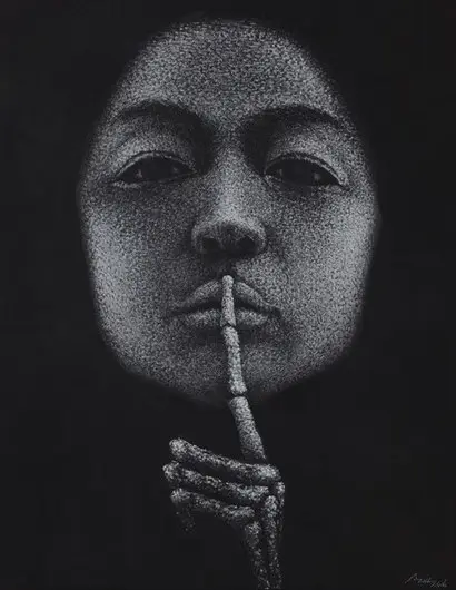 강제된 침묵-너만 조용하면 돼: 91×116.8cm 장지에 먹, 아크릴, 수정테이프, 콩테 2016