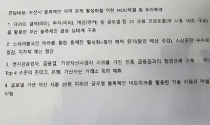 각종 커뮤니티를 통해 확산하고 있는 부산시와 테라간 MOU 면담 내용. 테라 기술을 활용해 동백전 사용자에게 할인 혜택을 제공하고 소상공인에게는 수수료를 절감해준다는 내용이 담겼다. 사진=커뮤니티 사이트