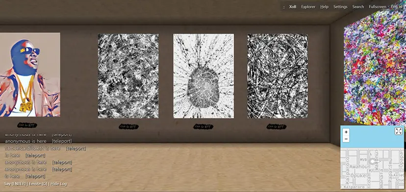 디지털 그림이 전시돼있는 ‘크립토복셀(cryptovoxels)’ 내 가상 공간. 사진=‘크립토복셀’ 캡처