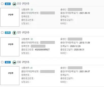 A 씨는 맥주류에 대한 구단주 상표를 지난해 12월 등록받은 뒤 정 부회장이 구단주로 호응을 받던 시기인 지난 4월 야구단 운영업에 대해, 정 부회장이 SNS에 주류 이미지를 올린 이달 10일 와인류에 대해 상표를 출원했다. 사진=특허청 특허정보넷 ‘키프리스’