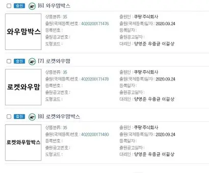 지난해 쿠팡이 출원했던 와우맘 관련 상표들. 현재는 대부분 출원심사처리가 보류돼 있다. 사진=특허정보사이트 키프리스
