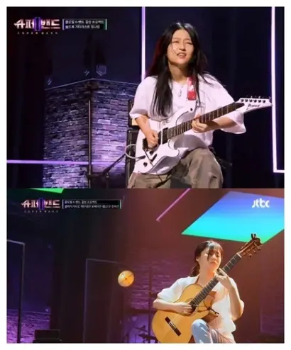 기타리스트 정나영과 클래식 기타리스트 장하은. ‘슈퍼밴드2’는 보컬과 건반이 아닌 영역의 실력 있는 여성 연주자들을 여럿 보여주며 보는 재미를 한껏 늘렸다. ‘마룬파이브’ 같은 파급력 강한 남성 밴드를 K-밴드의 모델로 생각했던 제작진의 기획의도를 변경한 것이 신의 한 수. 사진=슈퍼밴드2 화면 캡처