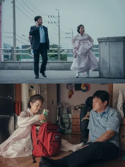 엄마도 아들도 아니고 이모와 조카가 결혼식장에 가기 위해 동행하는 반나절 간의 로드무비 ‘재방송’. 자연스러우면서도 깊이 있는 배우들의 연기와 손석구의 따스한 감정이 어우러진다. 사진=왓챠 제공