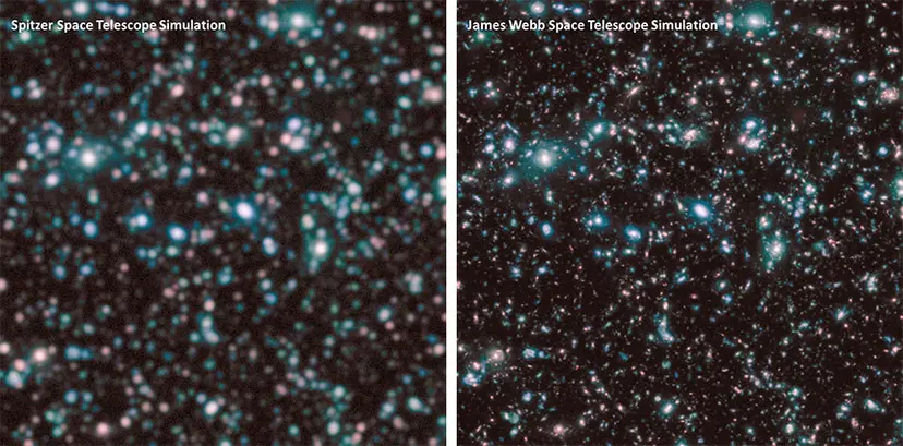 스피처 우주 망원경과 JWST가 찍게 될 장면을 비교한 사진. 사진=NASA/ESA/Spitzer
