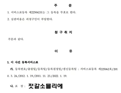 젓갈 소믈리에 무효 심결문 일부.자료=특허심판원