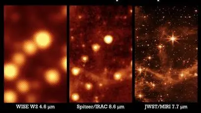 WISE, 스피처, 제임스 웹 우주 망원경이 똑같은 하늘을 찍은 사진(왼쪽부터). 사진=NASA