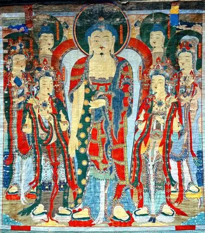 석가모니가 영축산에서 설법하는 장면을 그린 내소사 영산회 괘불탱. 사진=국가문화유산포털