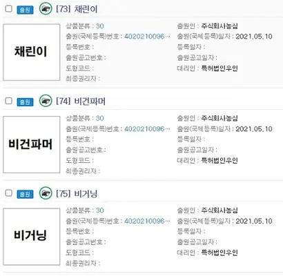 2021년 5월 농심이 출원한 비건 관련 상표들. 사진=특허청 특허정보넷 키프리스 