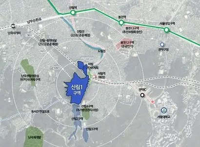 신림1구역은 신설된 신림선 서울대벤처타운역과 맞닿아 있다. 신림1구역 위치도. 사진=서울시