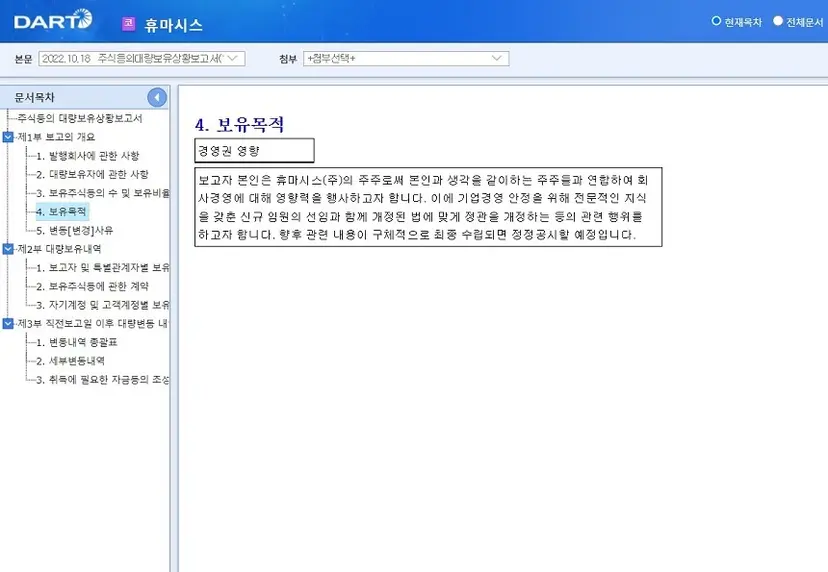 코로나19 진단키트 업체 휴마시스에선 소액주주와 회사의 경영권 분쟁이 진행 중이다. 사진은 18일 소액주주 측이 5% 이상의 지분을 확보하면서 보유 목적을 ‘경영권 영향’으로 명시했다. 사진=금융감독원 전자공시시스템