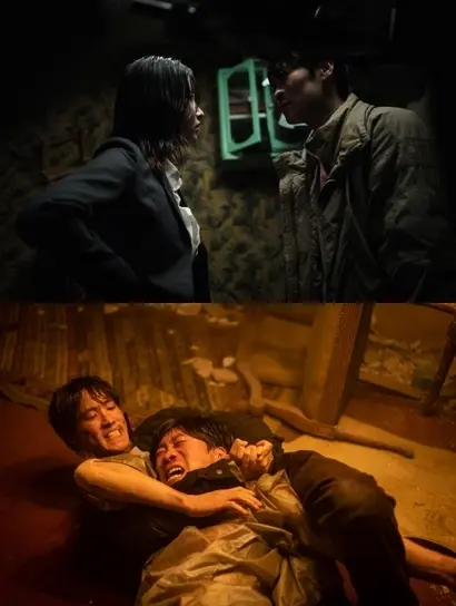 주영과 형수, 형수와 극렬은 무너진 모텔 안에서 생존을 위해, 장기매매단 사장이 숨긴 70억원을 위해 결합했다 배신했다 다시 결합하는 이합집산의 모습을 보인다. 생존과 욕망 앞에 인간이 어디까지 갈 수 있는지를 느끼게 한다. 사진=티빙 제공