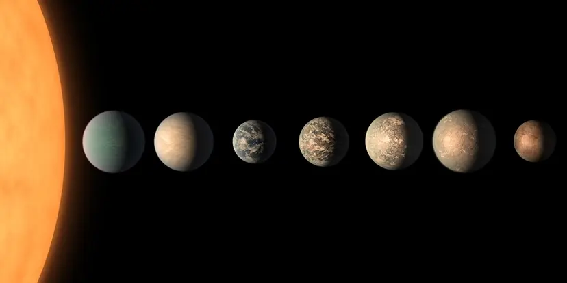 TRAPPIST-1 별 주변 곁을 도는 외계행성을 그린 상상도. 가장 왼쪽부터 오른쪽 방향으로 순서대로 b, c, d, e, f, g, h 행성이다. 이 중에서 d, e, f, g 네 곳은 골디락스존에 들어온다. 사진=NASA/JPL-Caltech