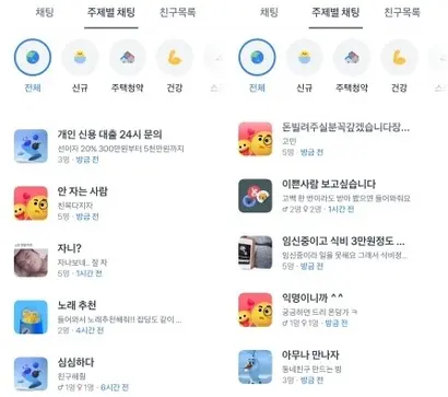 익명 채팅인 주제별 채팅방 목록에서 금전을 요구하는 이들을 찾을 수 있다. 사진=토스 캡처