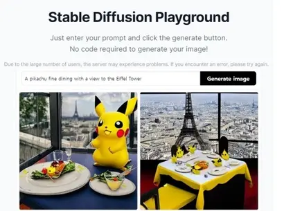 그림 AI 스테이블 디퓨전에서 ‘a pikachu fine dining with a view to the Eiffel Tower’로 만든 이미지.