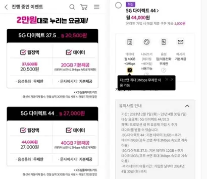 LG유플러스는 저가 온라인 요금제 내용에 프로모션 기간에만 제공하는 추가 데이터를 표시해 가입자의 혼란을 일으킨다는 지적이 나온다. 사진=독자 제공