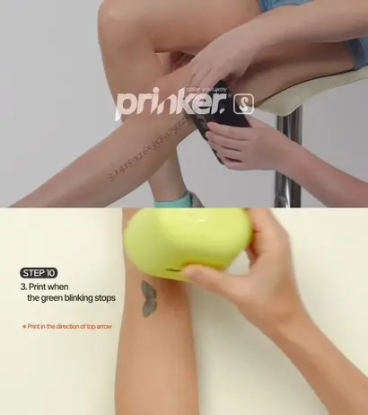 프링커코리아와 LG생활건강은 타투 프린터를 두고 아이디어 분쟁을 벌이고 있다. 상단은 프링커코리아 제품의 시연 모습, 하단은 LG생활건강의 ‘IMPRINTU’ 시연 모습. 사진=유튜브 캡처