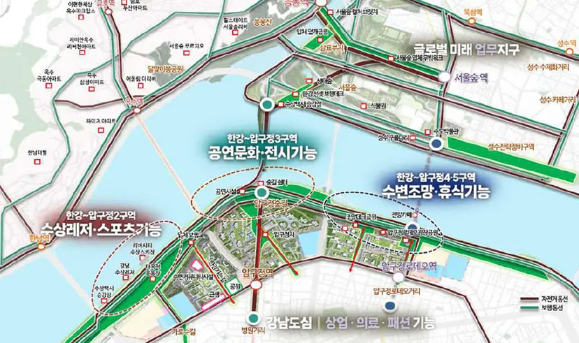 압구정 보행동선 개념도. 강남북 생활권을 보행 및 자전거로 연결하고, 권역별 여가·문화 기능을 부여했다. 사진=서울특별시