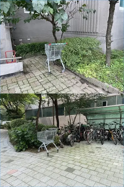경기도 성남시 분당의 한 아파트 단지. 아파트 주민이 인근 백화점에서 가져온 카트가 단지 곳곳에 버려져 있다. 백화점 직원들이 주 2회씩 아파트를 돌며 카트를 수거한다. 사진=박해나 기자