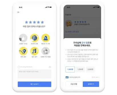 카카오T 택시 이용 후 기사 평가에서 별점 5점을 준 승객에게는 팁 지불 여부를 묻는 페이지가 연결된다. 사진=카카오T 앱