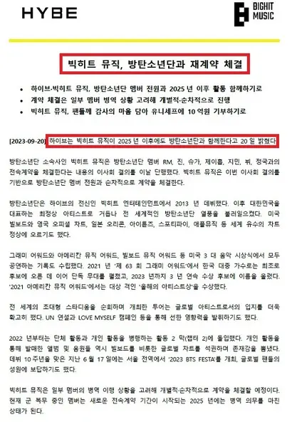 하이브는 BTS와 재계약 완료 전에 ‘재계약 체결’ 보도자료를 발표했다. 자료=하이브