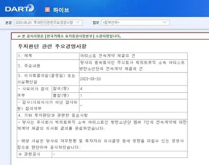 지난 20일 하이브가 공시한 내용. 사진=금융감독원 전자공시 시스템 다트(DART)​ 캡처