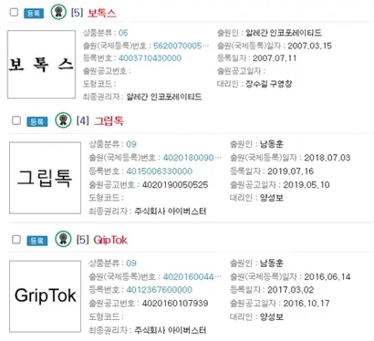 보톡스는 앨러간이, 그립톡은 아이버스터가 우리나라에 출원해 등록된 상표다. 자료=특허청 특허정보넷 키프리스