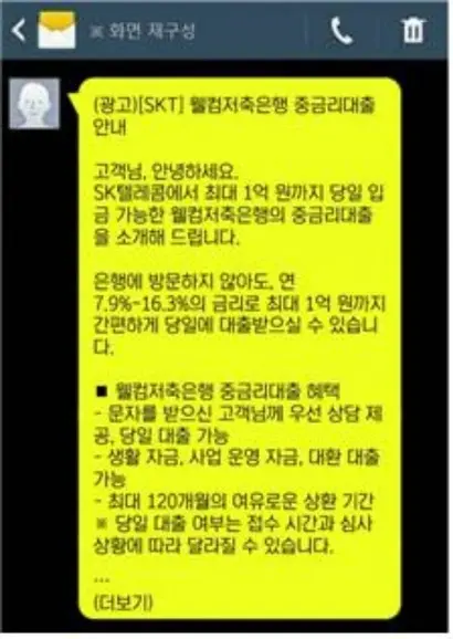 이동통신사는 광고 대행 서비스를 하면서 이용자 정보를 활용한 타깃 마케팅을 펼치고 있다. 사진은 정필모 의원실이 재구성한 SKT의 저축은행 대출 광고 메시지. 사진=정필모 의원실 제공