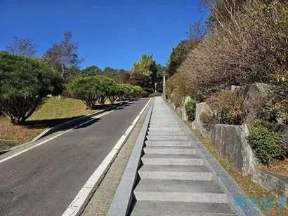 김영삼 대통령 묘소로 가는 길. 경사로 표지도 없는 데다 차도와 다르지 않아 휠체어가 다닐 수 있는 길임을 알기 어려웠다. 사진=김초영 기자