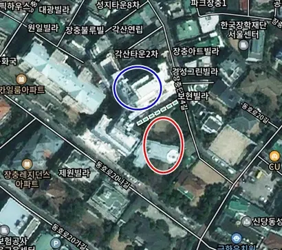 이선호 경영리더의 새 단독주택 부지(빨간색 동그라미)와 CJ미래원(파란색 동그라미) 사이의 국유지 도로 부지(초록색 점선)를 지난 10월 CJ제일제당이 7억 5000만 원에 매입했다. 사진=카카오맵 캡처