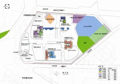 ​2011년 구역지정 당시 사업 전후 예상도(와) 배치도. 주상복합 등 건물은 이태원로 남측에, 녹지는 전쟁기념관 전면부에 조성된다. 사진=서울시​
