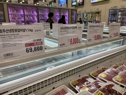 트레이더스의 육류 판매대에서 판매 중인 상품. 이마트 포인트 적립, 삼성카드 결제 시 할인되는 품목은 다양하지만 멤버십 대상 할인 상품은 찾아보기 어렵다. 사진=박해나 기자