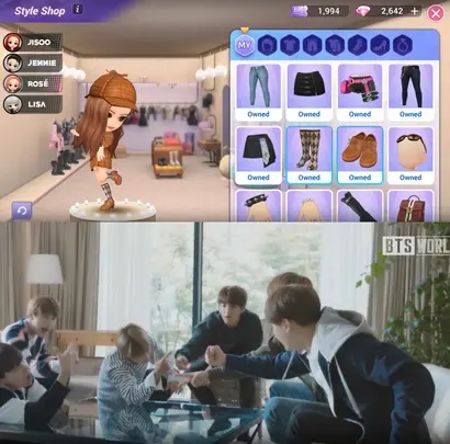 ‘​블랙핑크 더 게임’ 플레이 화면(위), ‘​BTS 월드’ 트레일러 영상. 사진=테이크원컴퍼니 홈페이지