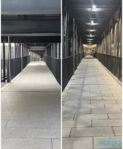 공중보행로에 오가는 사람이 없어 텅텅 비었다. 점심시간(왼쪽)과 퇴근시간(오른쪽) 모습이다. 사진=양휴창 기자