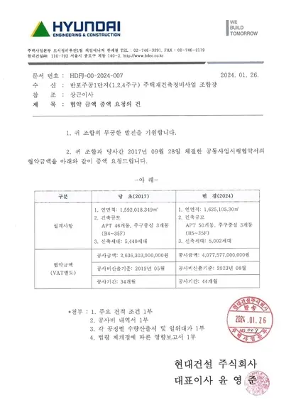 현대건설이 반포주공1단지 1·2·4주구 재건축조합에 발송한 공사비 증액 요청 공문. 자료=독자 제공